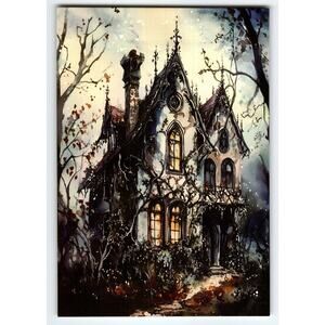 Vintage Halloween Haunted House Photochrome Postcard 5.5x4 Chrome